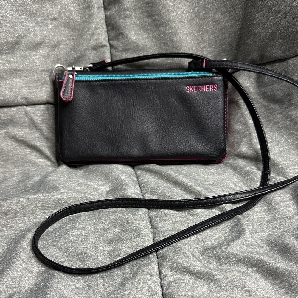Skechers Crossbody Detachable Straps Card Holder Zip Pouch‎ Wallet Blk pink teal